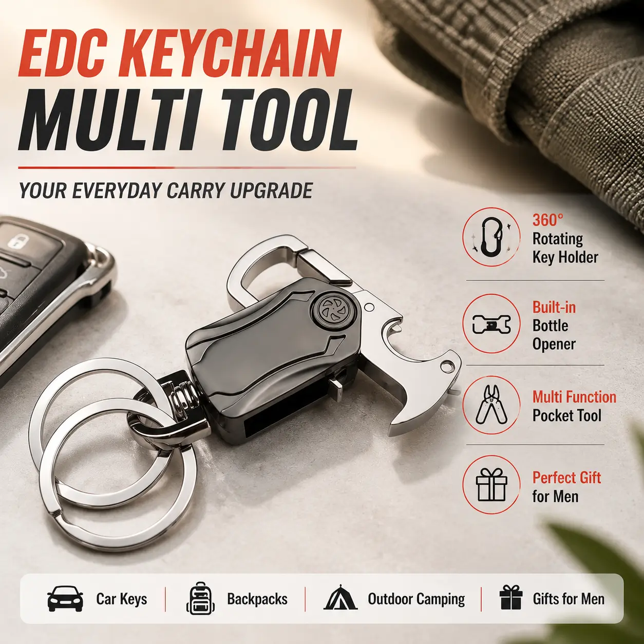 Durable Metal Keychain Tool with 360° Rotating Carabiner Clip and Bottle Opener, Compact & Functional EDC Multi-Tool for Men