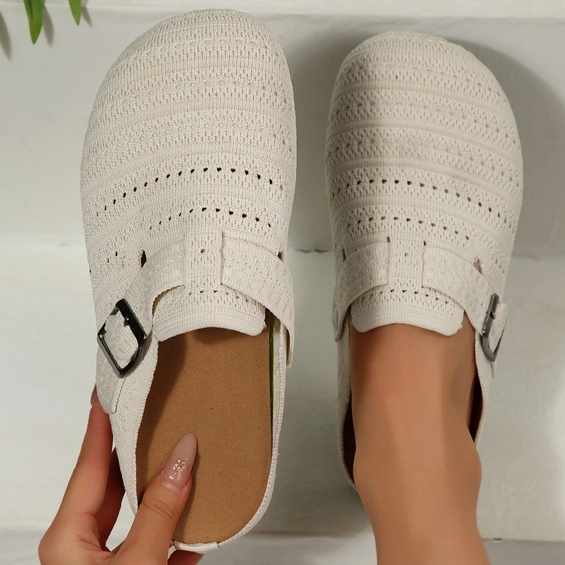 Slip-On Knit Clogs Sandals for Women, Breathable Perforated Pattern with Buckle Strap - Comfortable Daily Footwear