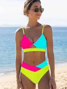 Women's Colorblock Bikini Set, Casual Fashion Chic Swimsuit Set for Beach Holiday Vacation, Ladies Swimwear for All Seasons