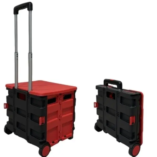 dbest products Quik Cart Collapsible Rolling Crate Folding Trolley for Teachers, 80 lbs Capacity, Heavy-Duty Plastic Lid (Doubles as Seat), Tool Organizer Tote Basket for Storage Organization