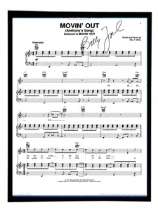 Billy Joel Autographed/Signed 'Movin Out" Sheet Music Replica. 11" x 14" Frame. Frame Included