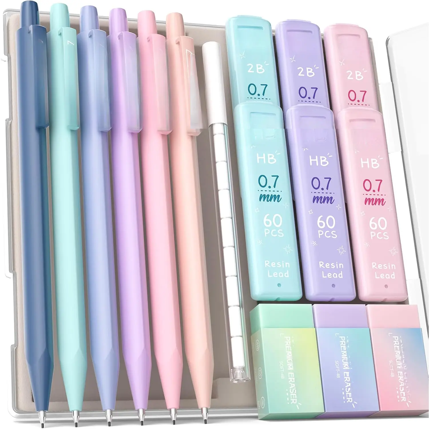 Mechanical Pencil Set - 6pcs 0.7 mm (16-Count with Case), 360 HB & 2B Lead Refills, 4B Soft Pastel Clean Erasing Tools, 9 Refills, Triangular Grip, Built-in Eraser, Cute Aesthetic Office Stationery for Writing, Drawing