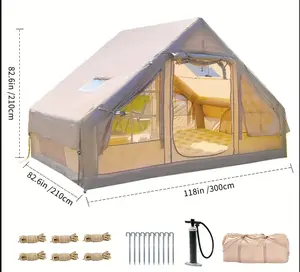 Extra large inflatable house tent for 4-6 people, with air pump for inflatable camping tent, with net window and chimney as skylight, sunshade camping tent, travel, portable tent for everywhere, beige