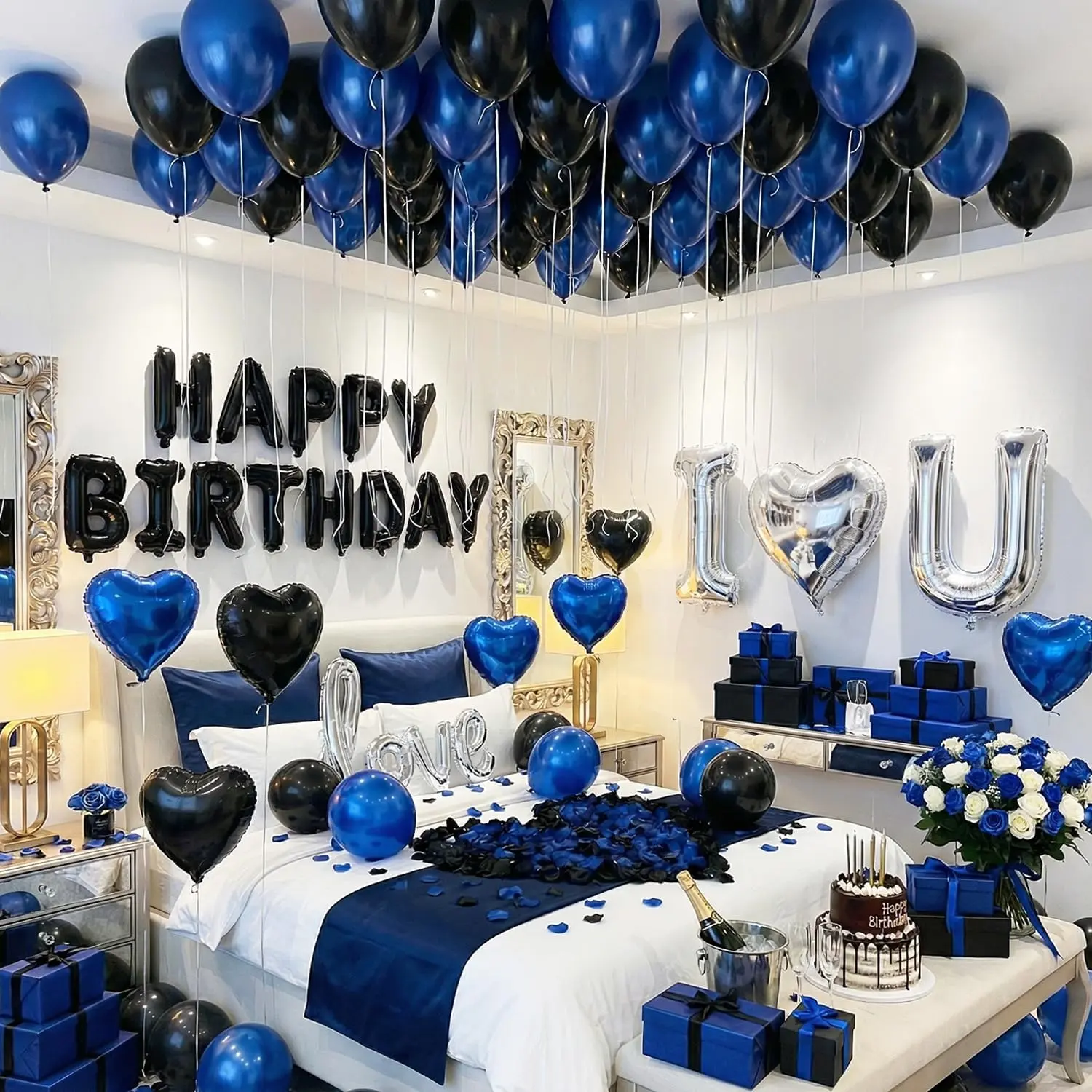 Blue Black Silver Balloons with I LOVE YOU & HAPPY BIRTHDAY Foil Balloons & Rose Petals for Romantic Special Night, Anniversary, Valentine Day, Birthday Decorations for Him, Bedroom, Hotel Room