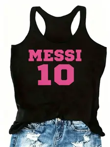 Lionel Messi 10 Graphic Tank, Football Fan Summer Racerback Top, Casual Fitted Tank Top, Letter Pattern, No Button, Non-Full Placket