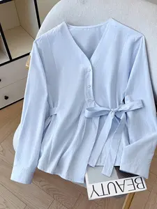 Spring Summer New Korean Patchwork Shirt Blouse Women, Asymmetric Bow Tie Waist Top, Long Sleeve Fitted, Stylish Design, Casual Fashion, Perfect for Daily Wear