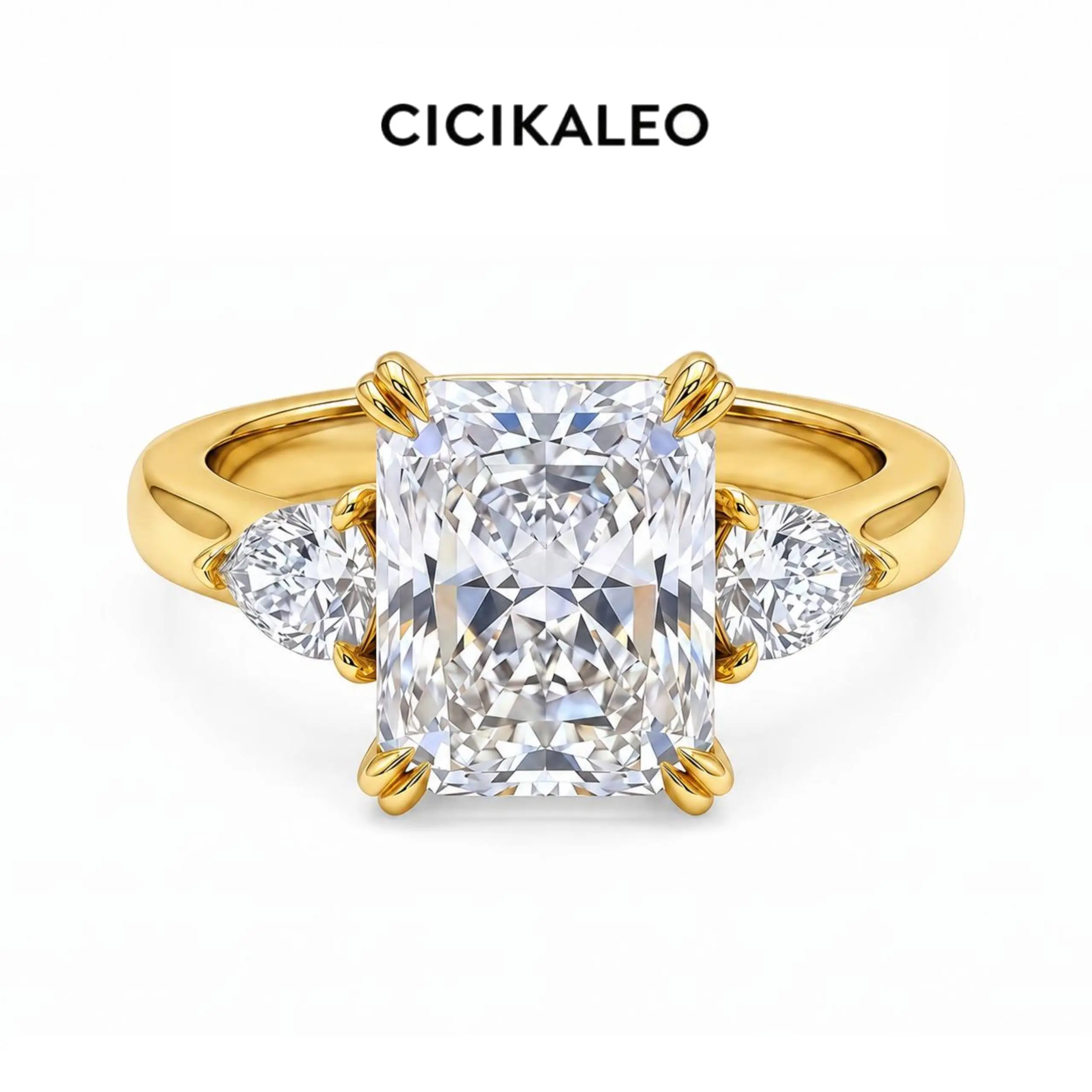 CICIKALEO 14K Gold Plated 4CT 3-Stone Radiant Cut Solid 925 Sterling Silver Cubic Zirconia Simulated Diamond Engagement and Promise Ring for Women
