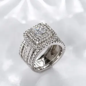 Jeulia Three Halo Princess Cut Sterling Silver Enhance Engagement Wedding Ring Set white gold elegance SEC finejewelry