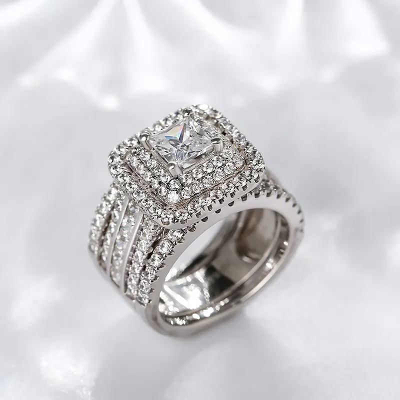 Jeulia Three Halo Princess Cut Sterling Silver Enhance Engagement Wedding Ring Set white gold elegance SEC finejewelry Elegant Ring Bridal Set Rings