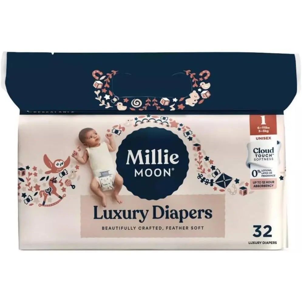 Unisex Luxury Baby Diapers, Feather-Soft with Nursery Print, 12-Hour Absorbency for Overnight Protection, Size 1, 32 Count, Cloud-Touch Softness, Snug Fit, 6-11lb use, Diaper, Diaper Pack