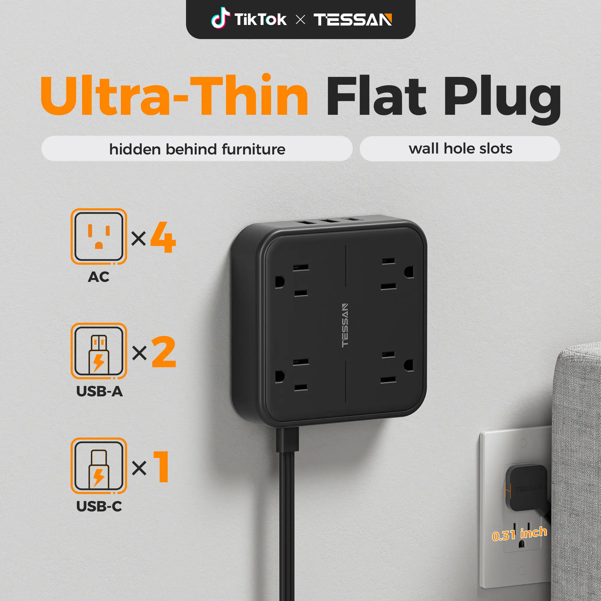 SummerGarden TESSAN Flat Plug Surge Protector Power Strip, 30W Fast Charging Station with 4 AC Outlets & 4 USB-C Ports, 5FT Flat Extension Cord, Wall Mount for Home, Office & Dorm
