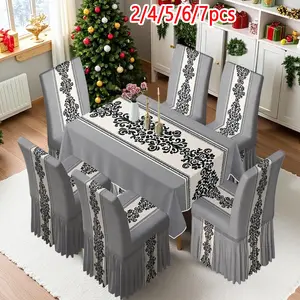2/4/6/7 pieces of chair cover and tablecloth sets, Dining chair slipcover, thickened chair cover and tablecloth sets (1 tablecloth + 4 chair covers or 1 tablecloth + 6 chair covers), easy to care for, reusable, home decoration