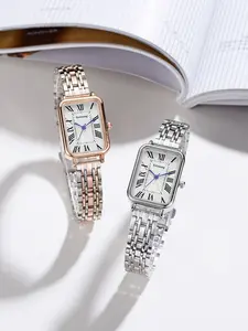 Women's Elegant Quartz Watch Roman Numerals Rectangle Dial Steel Strap Casual Style Daily Wear Gift Idea