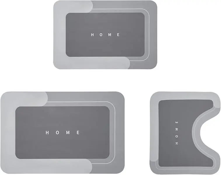 3-Piece Absorbent Bath Mat Set, Quick-Drying Non-Slip Rubber Backed, 3 Mats Grey, for Bathroom Kitchen Shower Sink, Magic Rug Set, Homeowners Renters, Quick-Dry Non-Slip Floor Mat Bath Mat