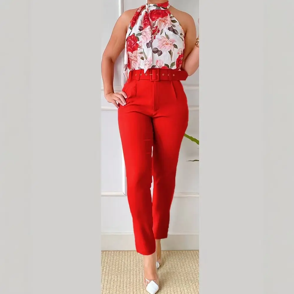 Red Floral Halter Top with Belted Red Trousers for Women