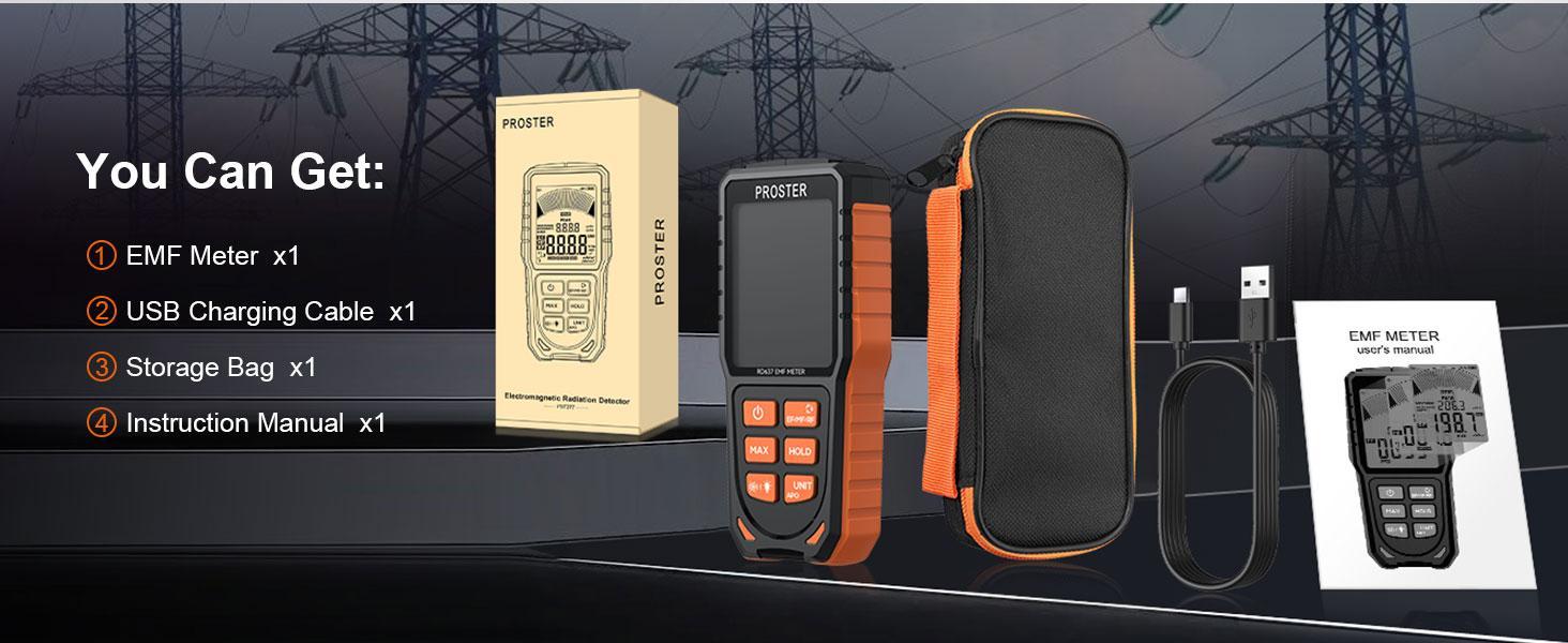 Proster Rechargeable EMF Meter - 3 in 1 Electromagnetic Field Detector for EF RF MF X/Y/Z -Axial Magnetic Field Radiation EMF Detector with 3-Colour Display Screen & Sound Alarm System