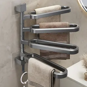 180° Rotating Towel Holder – 4-Arm Bathroom Organizer with Loofah Hook – Space-Saving & Anti-Mold – No-Drill Installation for Renters