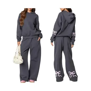 Women'S 2pcs Casual Outfits Long Sleeve Bow Print Hooded Tops Wide Leg Pants Sets Clothes Suits Womenswear Fabric Woven Gamis Baggy Loose Oversize