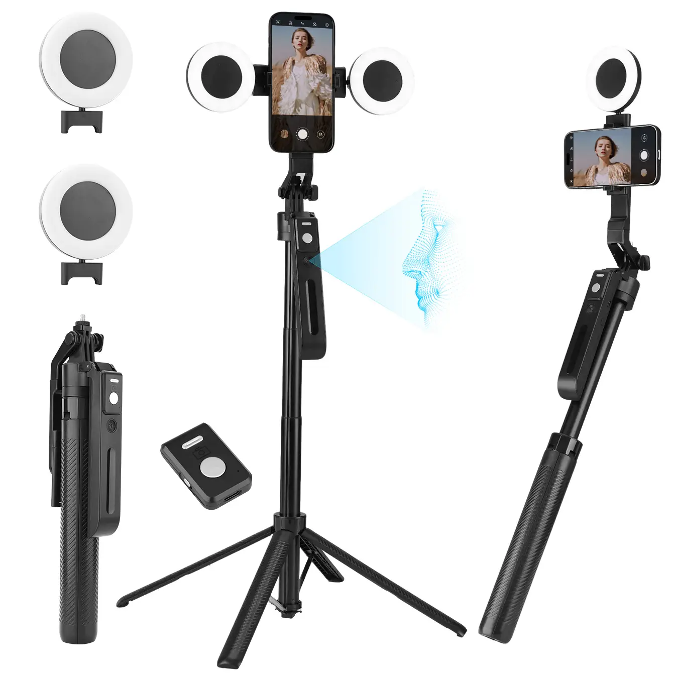 2025 New AI 360° Face Tracking Tripod Selfie Stick, Multi-functional Cellphone Mount W/ Remote + Light, Adjustable Height, Sturdy Metal Base, Mobile Phone Accessories, Compatible W/ iPhone & Android, For YouTube Recording & Travel Photography, Smartphone