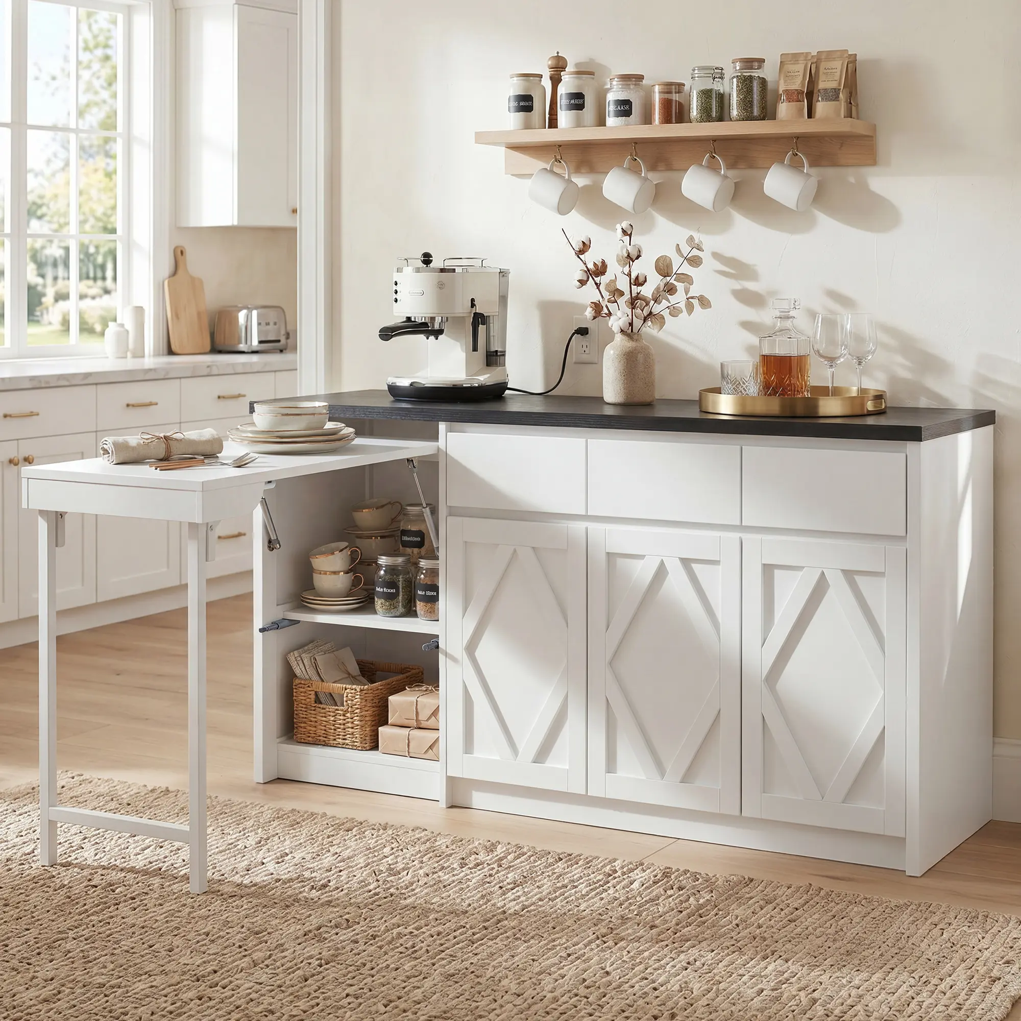 63" White Sideboard Buffet Cabinet with Foldable Table, Farmhouse Coffee Bar Cabinet with 4 Doors & 3 Drawers,  Large Wood Storage Cabinet for Dining Room, Kitchen