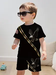 Black Gold Twill Eagle Digital Print Baby Short-Sleeve Set, Casual Kids' Clothing for Babies, T-shirt Suitable for Daily Wear and Outdoor Sports. Made of 100% Polyester, an Ideal Gift for Infants and Toddlers!