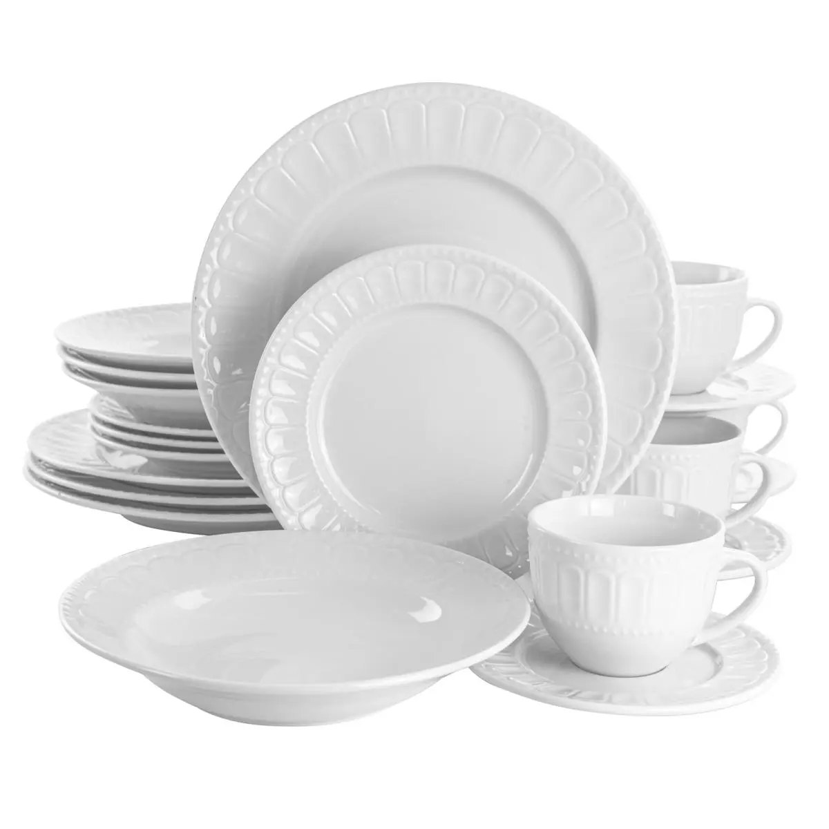 Elama EL-CHARLOTTE Classic White Porcelain Dinnerware Set - 20 Pieces, Arch Dot Emboss Design, Includes Dinner Plates, Microwave Safe