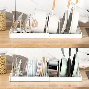Multifunctional Pot and Pan Organizer Rack – Adjustable Stainless Steel Expandable Storage with Slide-Out Design, Cabinet & Countertop Space Saver in Modern White & Grey Finish