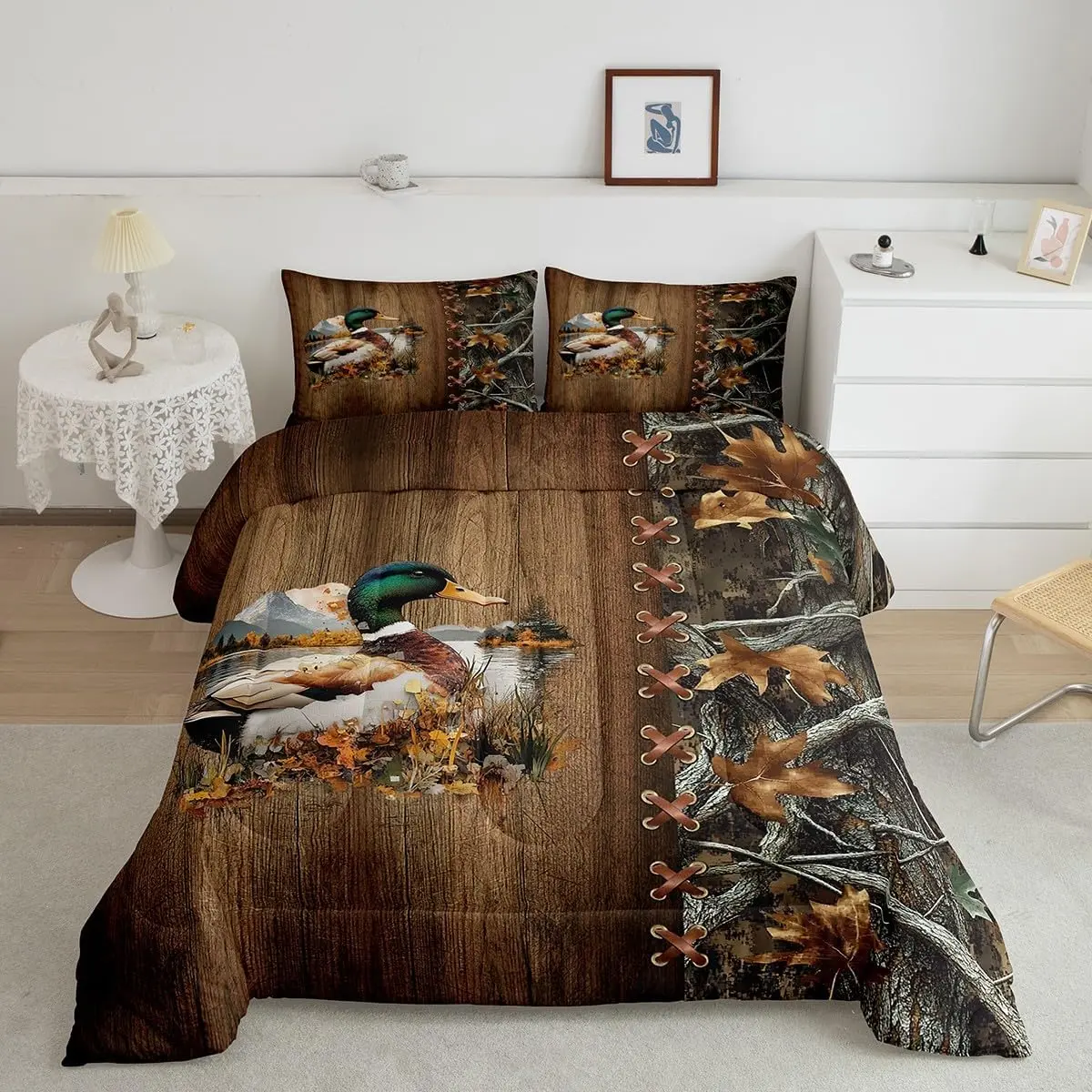 Feelyou Queen Size Camo Mallard Microfiber Comforter Set - Travel-Friendly Duvet Cover, Hunting Theme Bedding, Animals & Western Decor Bed Sets Supplies for Farmhouse Rustic Bedrooms