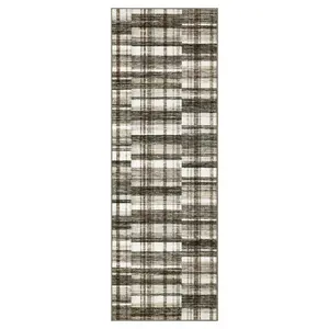 2 x 6 ft Polyester Brown Beige Rectangular Hallway Entryway Bathroom Kitchen Geometric Checkered Beige Modern Machine Washable Runner Rug-C