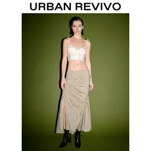 URBAN REVIVO High-Slit Beige Midi Skirt - Ruched Waist Flowy Silhouette for Effortlessly Chic Women Sense Deconstructed Pleated Fish Tail Half Skirt Elegance Bottom Spring
