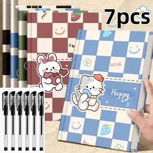 7-Piece Set Spiral Notebook & 6 Pens, Cute Animal Cover, A5 Size, 80 Thick Cream Paper, Lined Journal for Students, Office, School Supplies, Writing Stationery