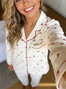 Spring Autumn Cool Style Sleepwear Set, Cherry Print Cardigan, Long Sleeve Pants, Breathable Skin-Friendly, Casual Home Wear, Womenswear