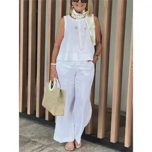 Conjuntos Para Mujeres 2 Piezas Outfit Linen Cotton Clothing Loose Sleeveless Top Wide Leg Pants Two-piece Set Casual Wear Womenswear Suits