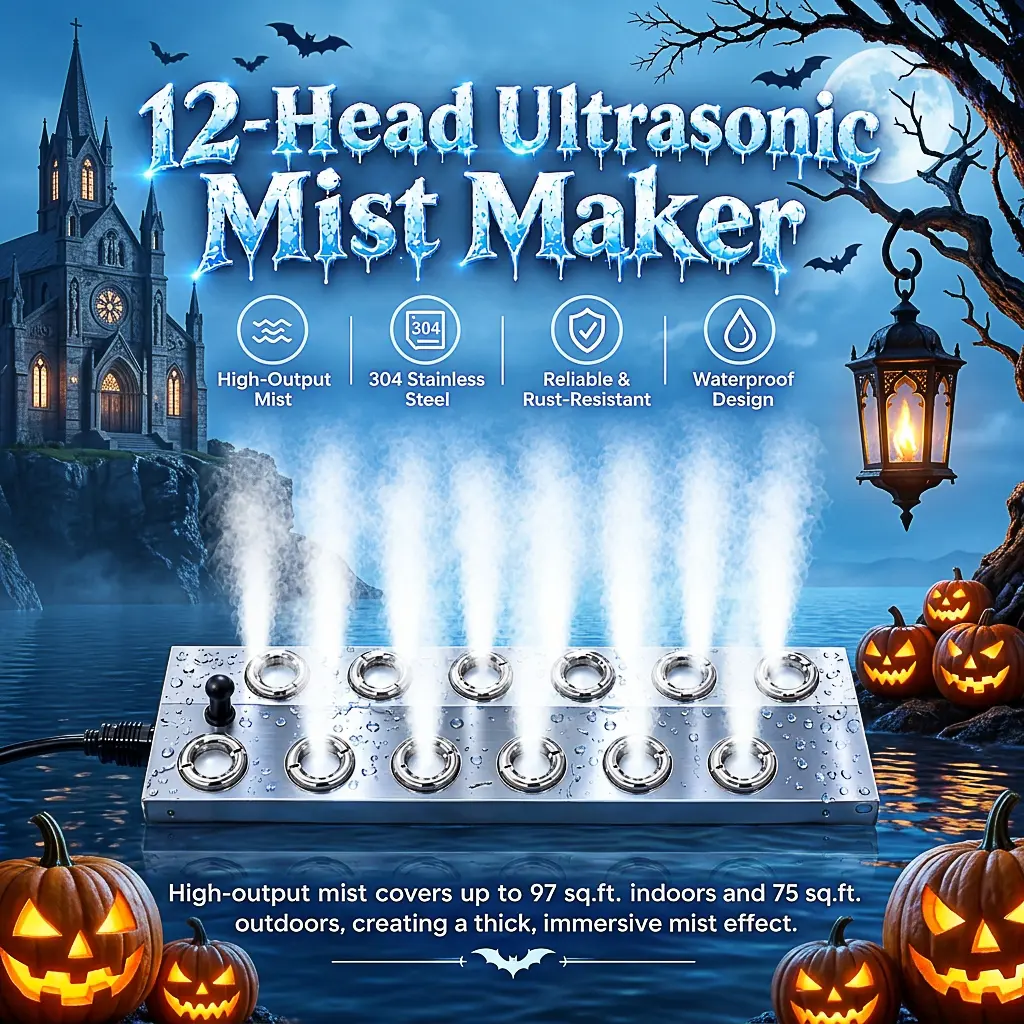 9000ml/h IP67 Waterproof Ultrasonic Fogger Mist Maker with Float (12 & 8 Nozzle Options) for Greenhouse & Halloween