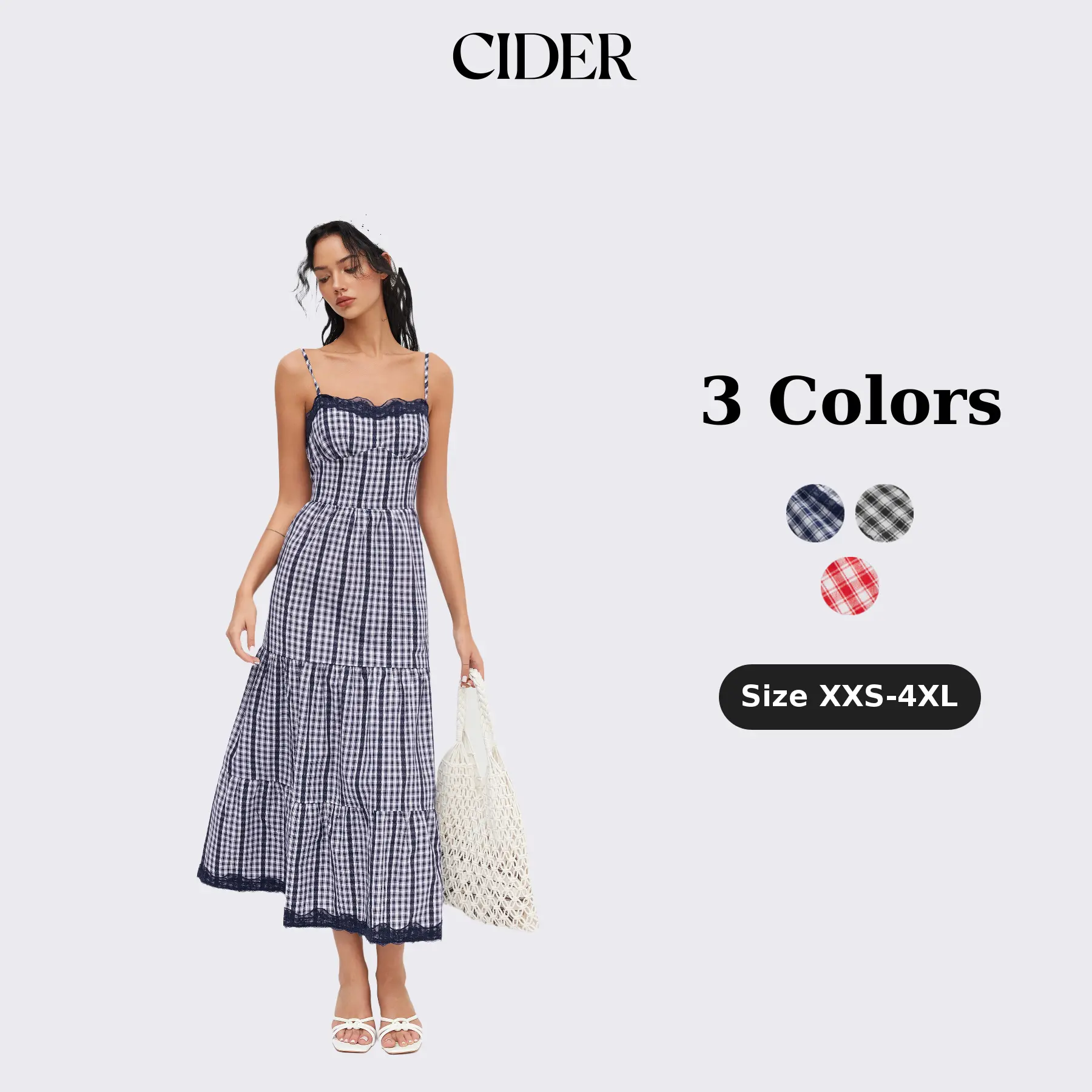 Cider Cotton-blend Gingham Lace Trim Tiered Shirred Maxi Dress, Lady Sleeveless Spaghetti Strap A-Line Maxi Dress for Daily Casual Wear and Street Wear, Gingham Design Summer Dress for Vacation and Party