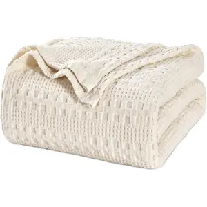 100% Waffle Weave Twin Size for Bed, Lightweight Washed - 66"x90" Aesthetic Woven and for Sofa - Undyed