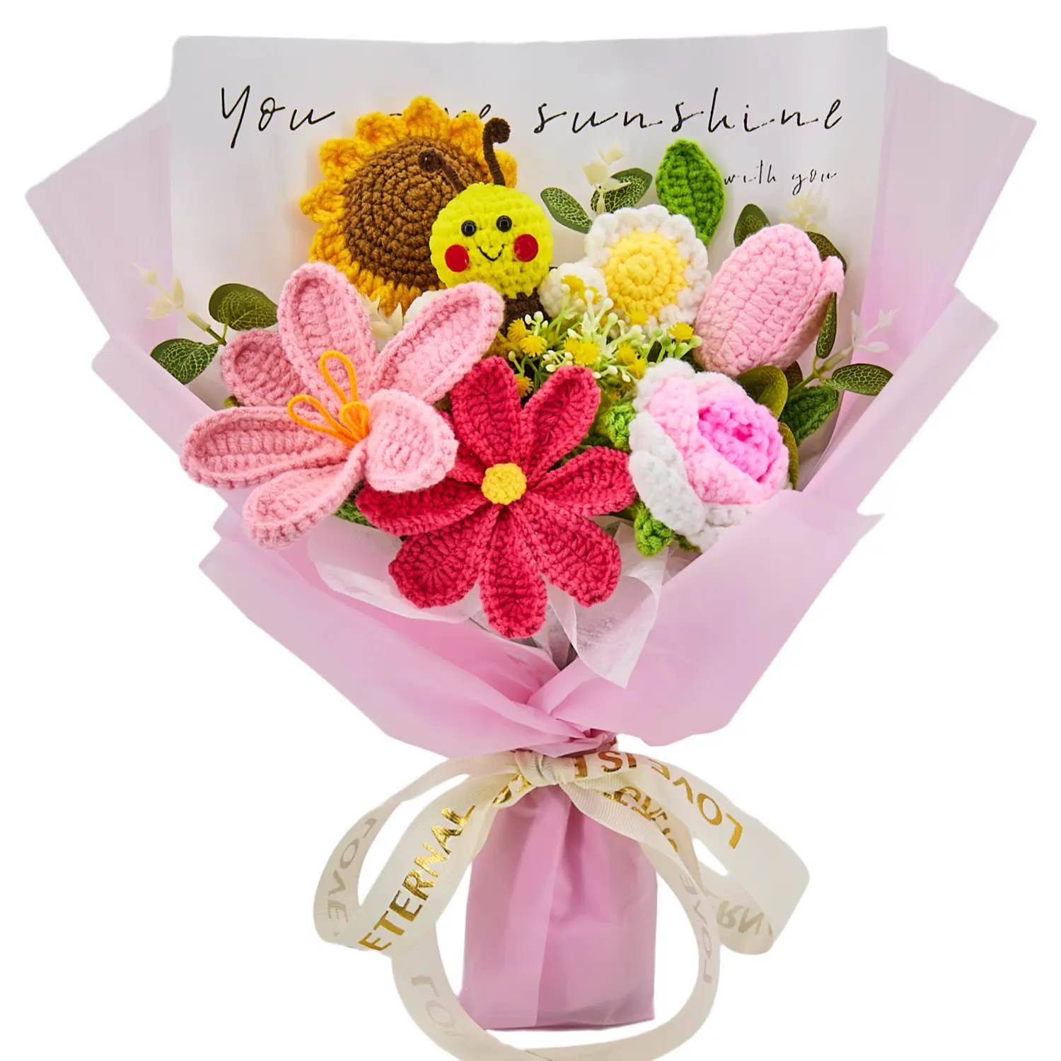 YShomy Handmade Crochet Flowers Bouquet Gift for Girlfriend Birthday Wedding Anniversary Just Because Graduation Gift with Bees Sunflowers Roses Tulips Daisy Forever Flowers for Her with Greeting Card US Fast Shipping Pink Summer Theme Cute Gift