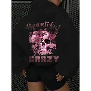 Women's skull & floral print design Graphic Hoodie - Cotton Blend Black Long Sleeve Pullover Regular Fit | Soft & Breathable Fabric, Durable Print, Everyday Comfort, Machine Washable, casual graphic hoodie urban fashion