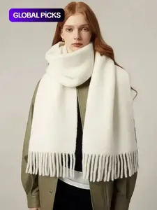 Solid Color Tassel Decor Fluffy Soft Scarf, Elegant Thickened Shawl for Women & Men, Fashion Accessories for Fall & Winter, Trendy Solid Shawl