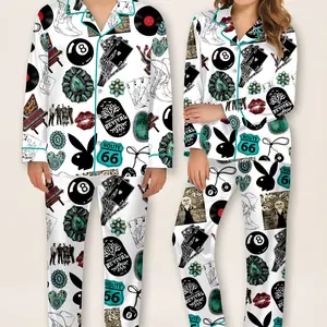 Cowgirl Cowboy Western Satin Pajama Set, Route 66 Rodeo Cowgirl PJs, Vintage Western Cow Boy Sleepwear, Country Western Loungewear, Turquoise Western Print Pajamas, Retro Americana Nightwear Gift for Her Him