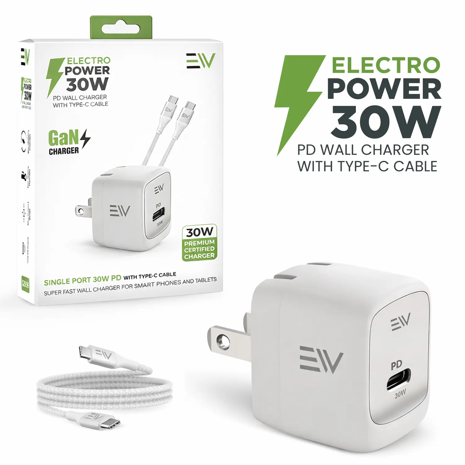 30W USB C Wall Charger with Cable | GaN Fast Charger Block Dual USB-C + USB-A Ports | PD Fast Charging  with cable for iPhone 17/16/15, Samsung S25/S24, iPad & More Android Plug