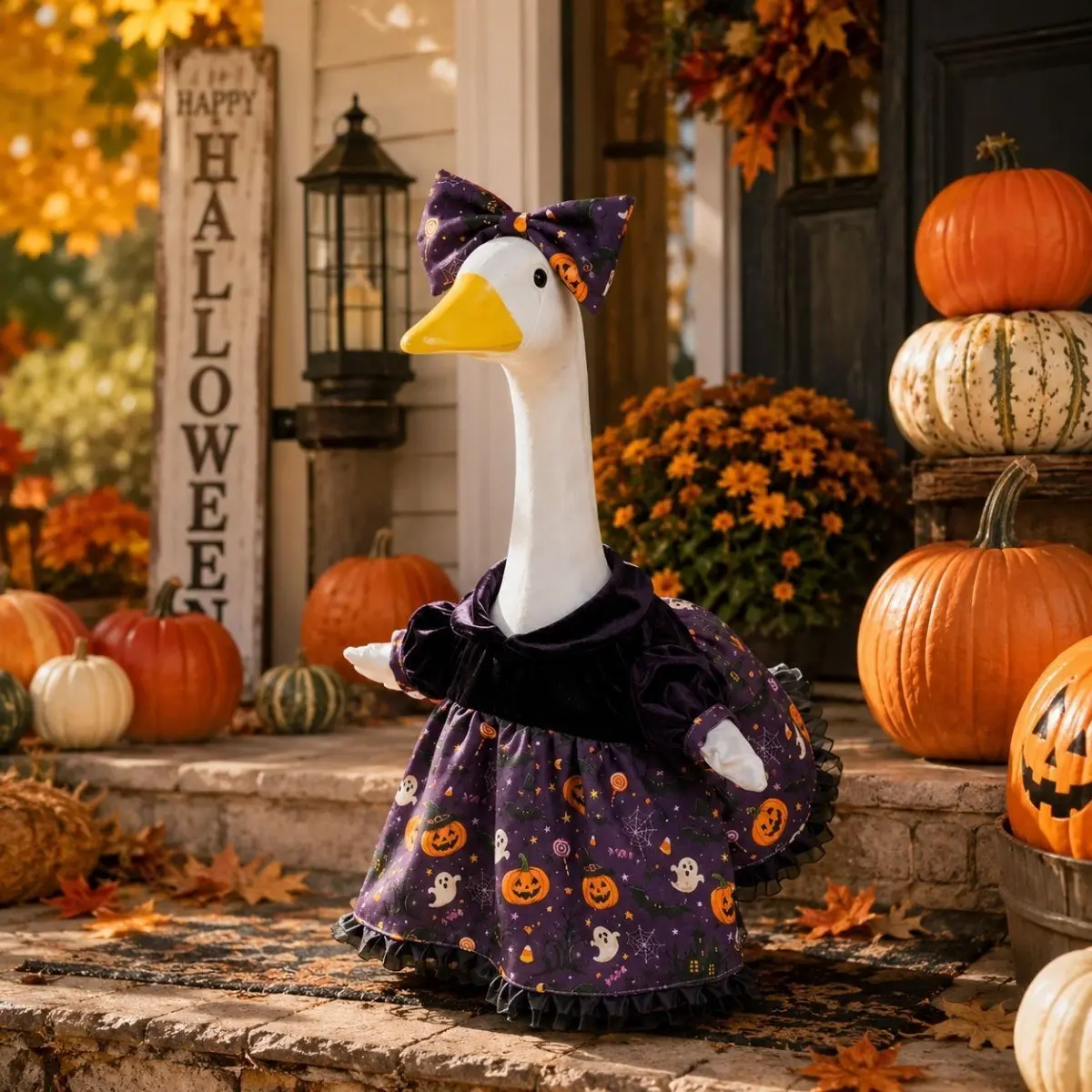 23 Inch Porch Goose Halloween Costume Set, Matching Velvet Top + Pumpkin Ghost Print Dress, Lace Trim, Cute Dark Halloween Decor