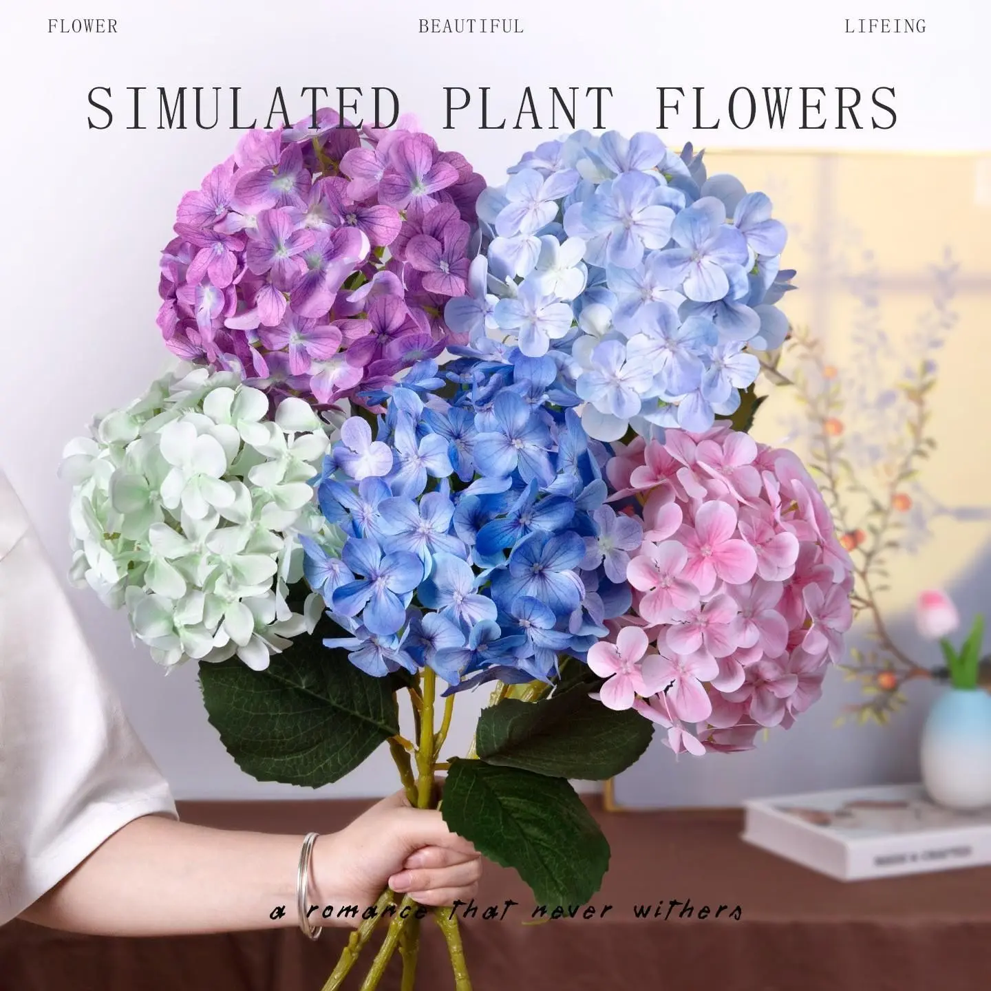 5-Piece Large Artificial Hydrangea Bouquet Set, PVC Fake Flower Arrangement with Stems, Artificial Flower Arrangements, Ideal for Table Centerpiece & Wedding Decorations
