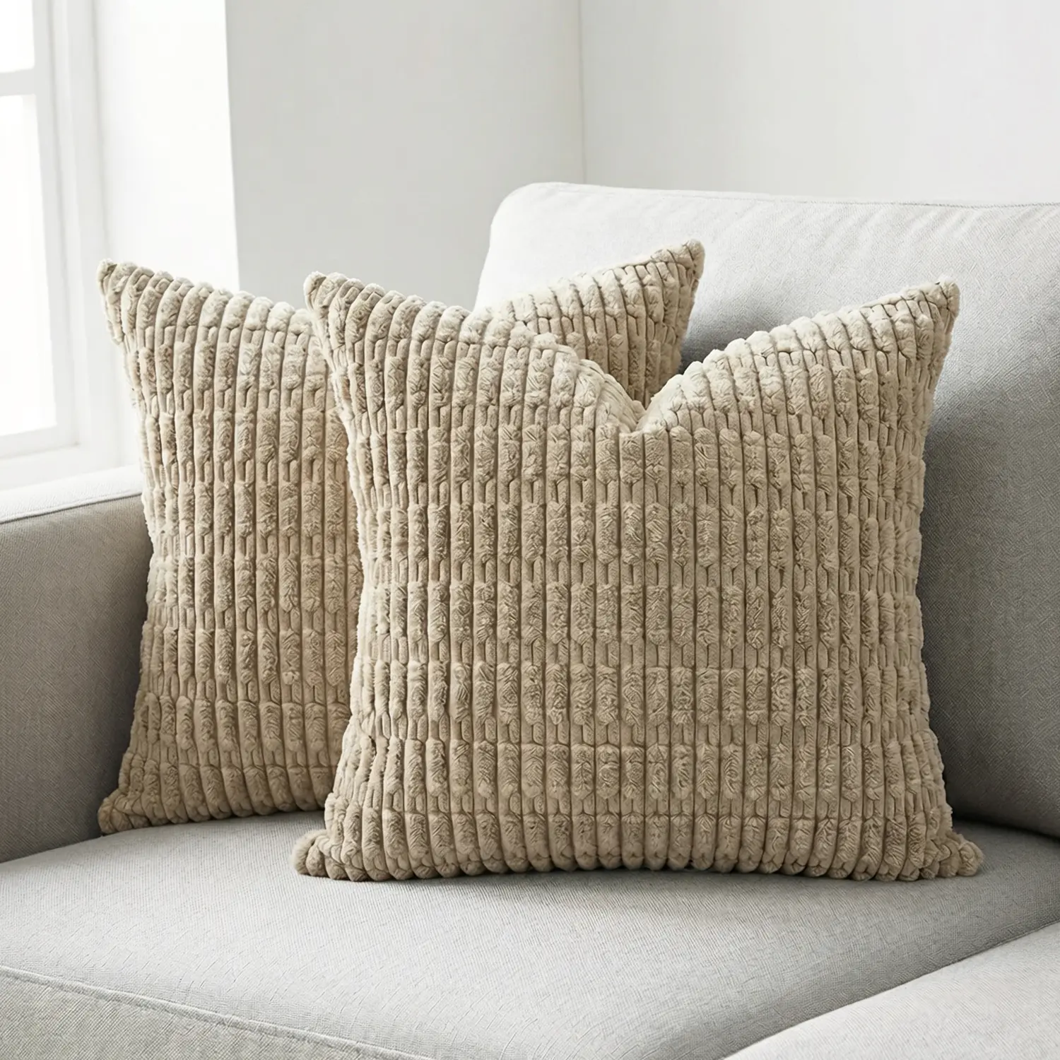 Ellalora 2-Pack 18x18 Corduroy Throw Pillow Covers, Corn Striped Boho Vibes Cushion Cases, Modern Farmhouse Home Decor for Living Room Sofa
