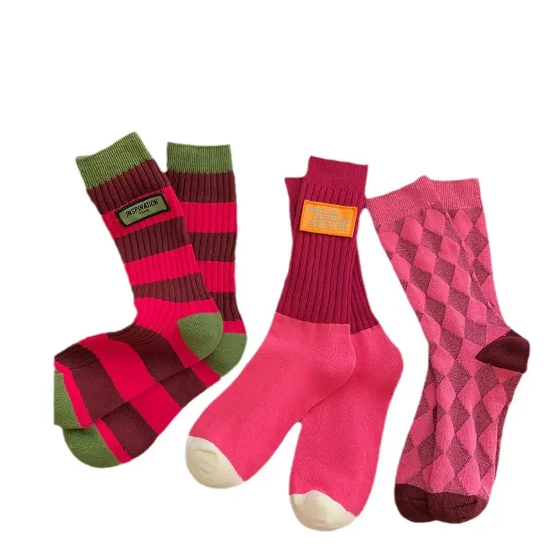 (3 Pairs) Women Color Block Stripe Argyle Mid Calf Socks Cute Retro Knee High Socks Fashion Double Needle Socks for Casual
