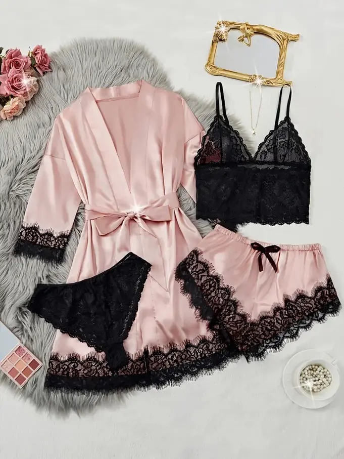 Elegant Pink and Black Lace Sleepwear Set with Satin Robe and Lingerie for Women