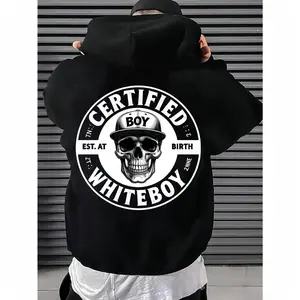 Certified Boy Est. at Birth Whiteboy Skull Print Black Men's Fashion Hoodie, Trendy Streetwear Style Casual Daily Wear Thin Large Size Sweatshirt with Graphic Design Comfortable Fit Top Quality Clothing