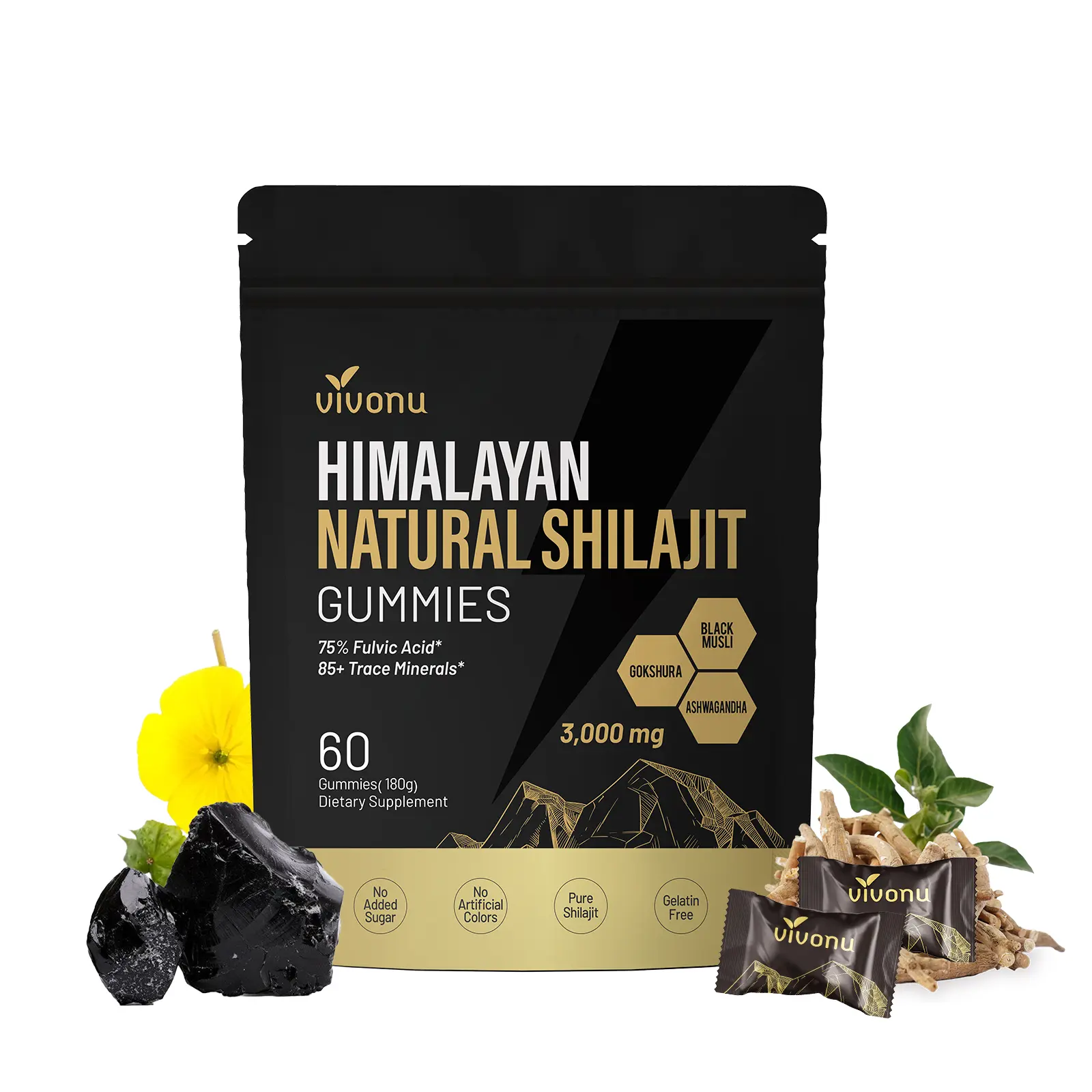 VivoNU Himalayan Shilajit Gummies | With Ashwagandha, Gokshura & other herbs | No added sugar | 60 Gummies SummerVibes