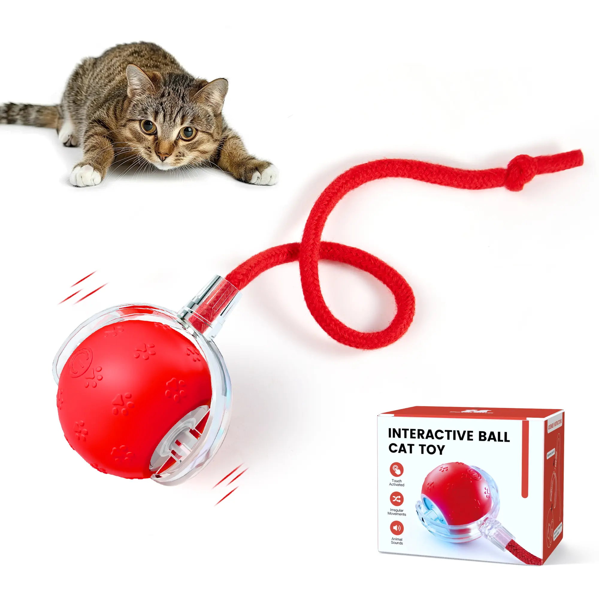 Potaroma USB Rechargeable Automatic Rolling Pet Ball Toy, Smart Touch Sensing Cat Toy with Rope, Realistic Bird Noise & LED Light, 3‑Speed Modes for Kitten Puppy Indoor Enrichment Play