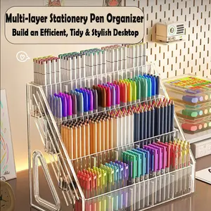 Acrylic Pen Holder Organizer, Large Capacity Multi-Compartment Desk Storage Box, Transparent Visible Easy Access, Durable Material, Stationary Organizer Holder